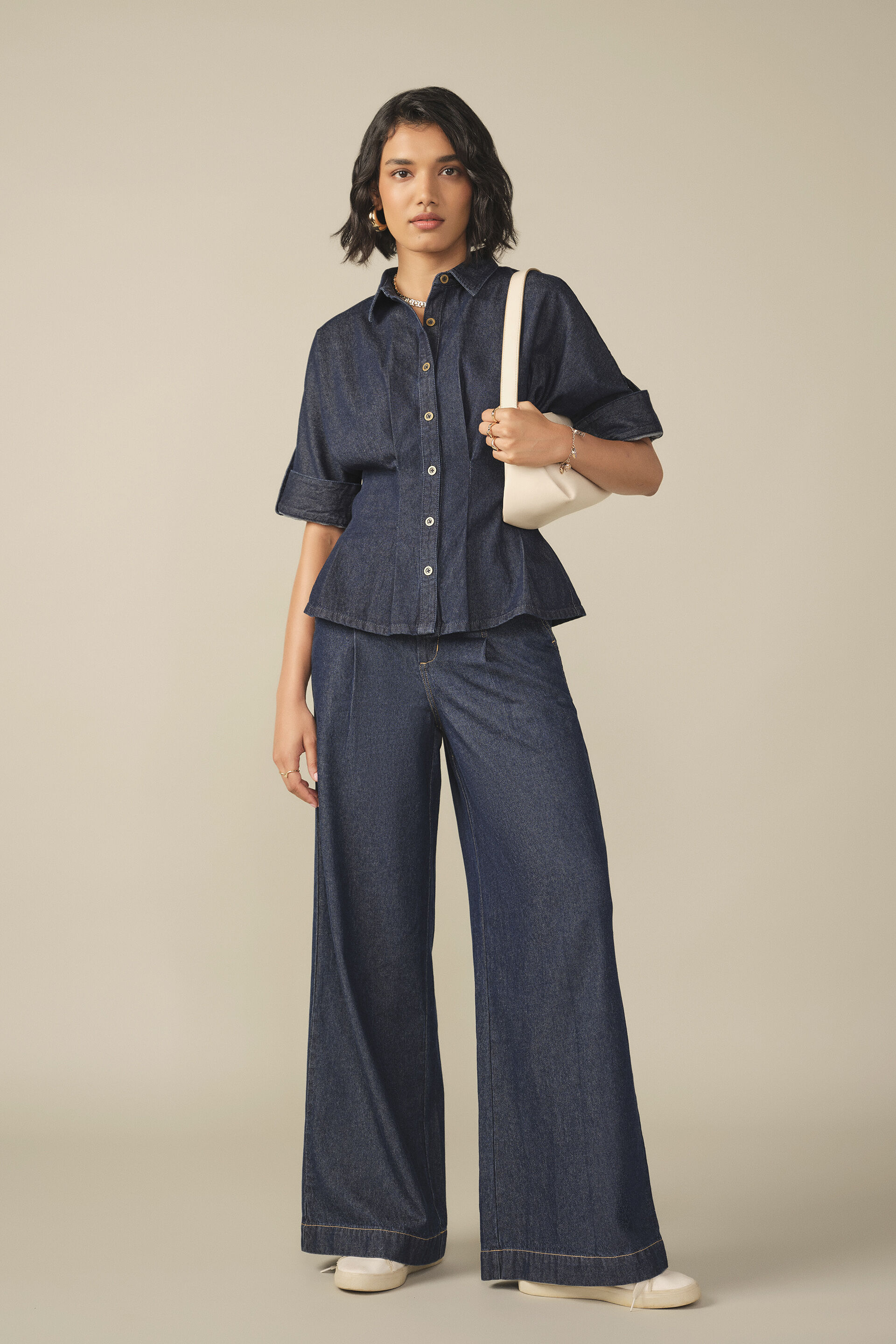 Roll-Up Sleeves Top in Denim Blue, Blue, image 3